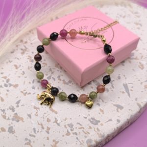 Bransoletka kolorowy turmalin i słonik na szczęście