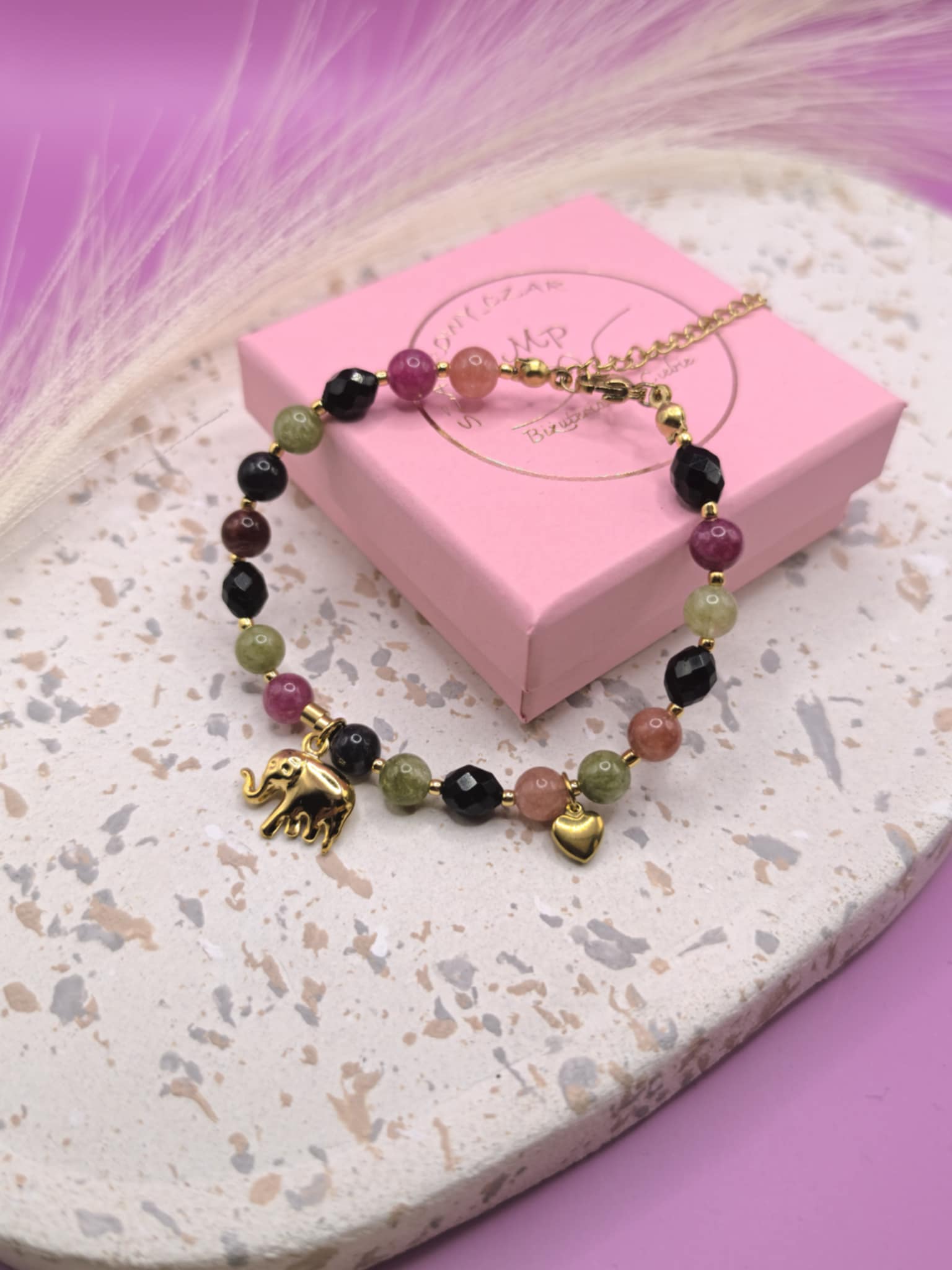 Bransoletka kolorowy turmalin i słonik na szczęście